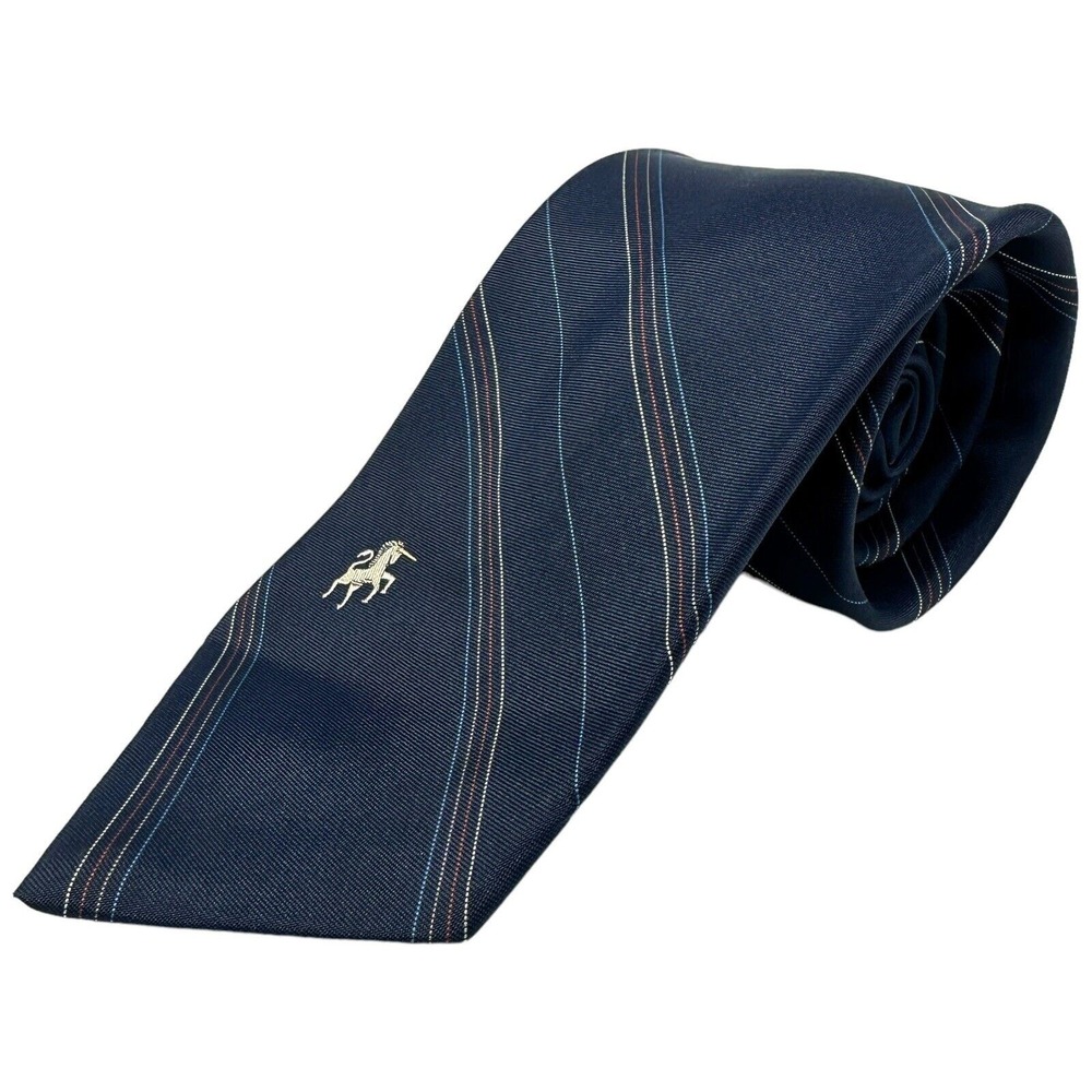 Bronzini Navy Blue Striped Embroidered Horse Silk Necktie‎ Men's Classic  58"